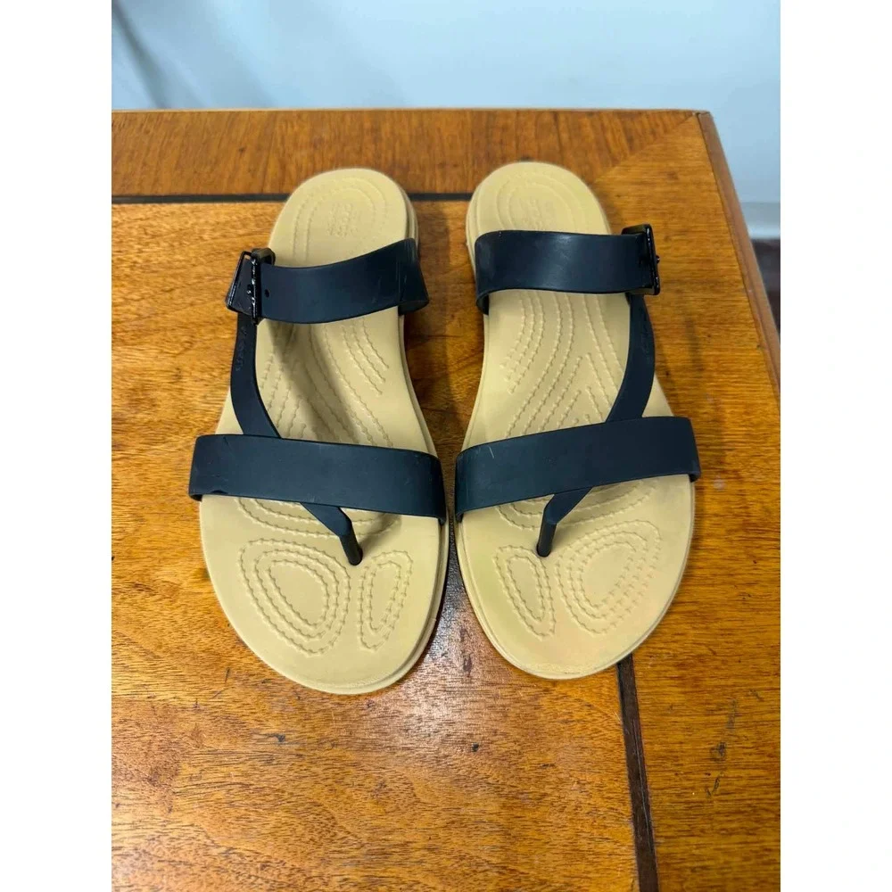 Crocs Tulum Toe Post Sandal Womens 7 Black Tan Strappy Buckle 206108-060